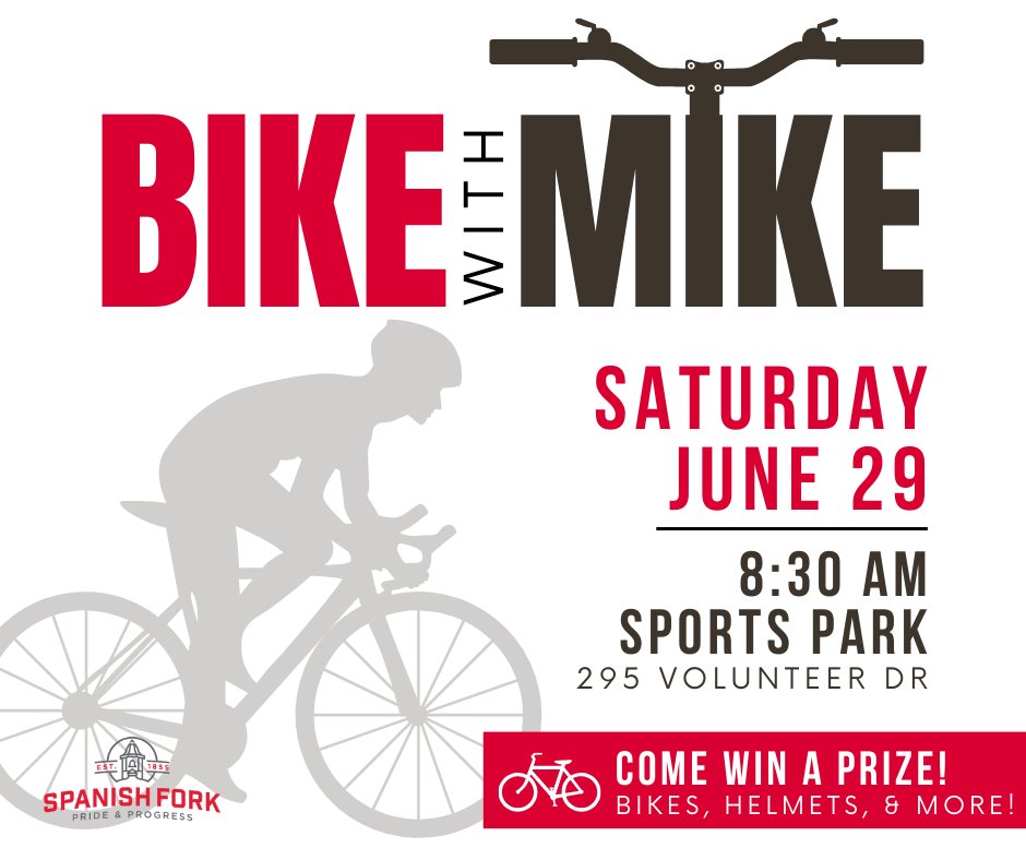 📷Bike with Mike!
Join Mayor Mike Mendenhall on a fun, family-friendly bike ride!
-Ride options are either 6 or 10 miles.
-Free and open to all ages.
-Riders must bring own bicycle and helmet. 
*A parent/guardian must accompany riders under 18.