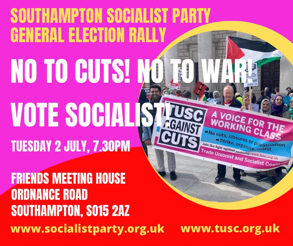 Are you opposed to cuts?
Opposed to war?
Hate the Tories but don’t trust Starmer?

Support Trade Unionist and Socialist Coalition candidates Declan Clune, #SouthamptonItchen and Maggie Fricker, #SouthamptonTest

#VoteSocialist #Southampton