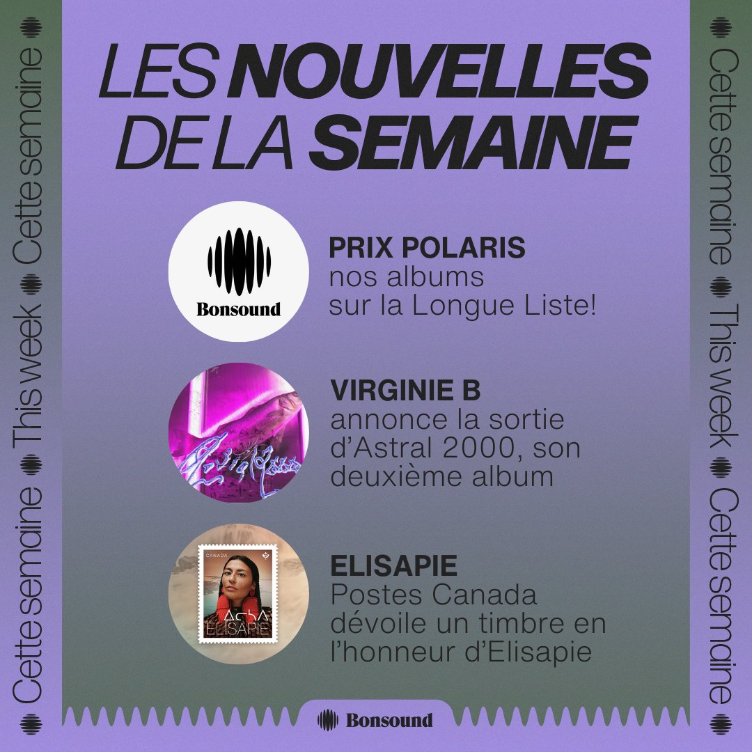 bonsound's tweet photo. #Newsletter ft. Nos albums sur la Longue Liste du Prix Polaris 2024 + Virginie B annonce la sortie de son deuxième album + Postes Canada dévoile un timbre en l’honneur d’@Elisapie + Täbï Yösha à NXNE et à voir aux Francos. Bon weekend!

INFOS 🌟 - https://t.co/Z4oVKVW8We https://t.co/dLMciHG4pB