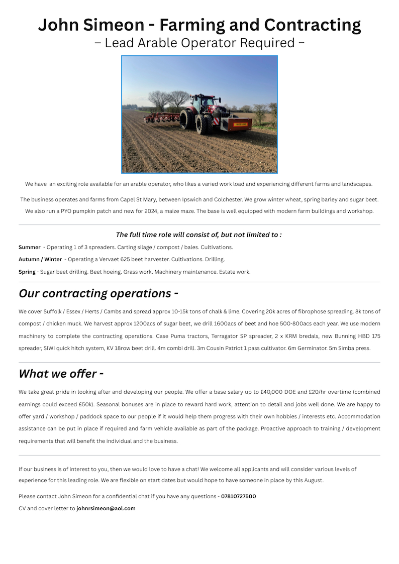 bencm305's tweet photo. ⭐Lead Arable Operator Required ⭐

A great farm operators role has become available on a progressive farming and contracting business, based at Capel St Mary - Suffolk / Essex border. 

All info in the attached adverts. 

This has been a great project to work on, I have known this farmer for a long time and he has done a great job of building his business to a stage where he has a full time job available. 

Any questions please don't hesitate to drop myself a message. 

I would really appreciate any shares, thanks! ✅
