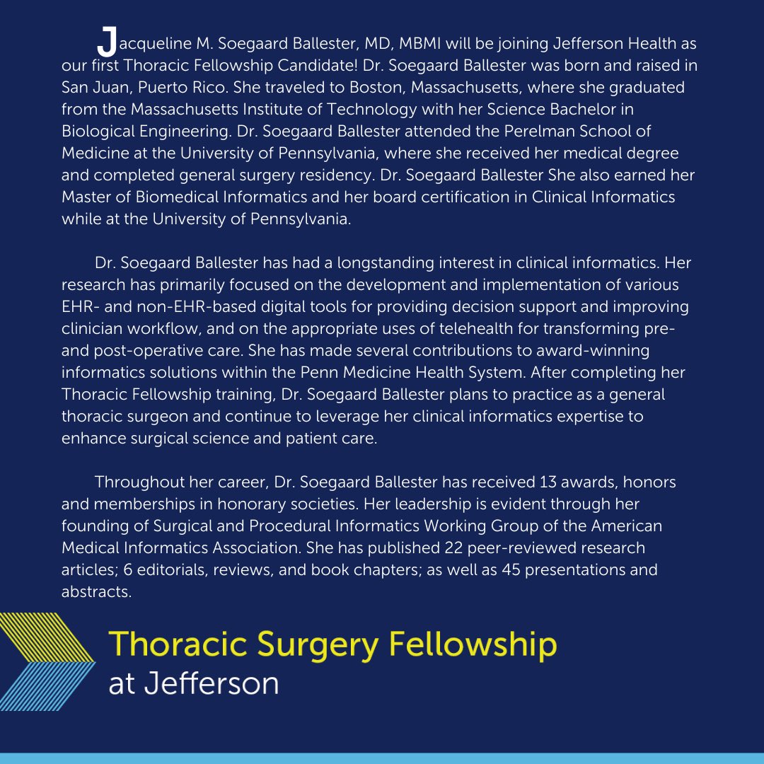 Olugbenga Okusanya MD (@okusanyamd) on Twitter photo Big news below! We are incredibly happy to announce that <a href="/JMSoegaard/">Jacqueline Soegaard Ballester, MD, MBMI</a> will be joining us in 2025 as our first fellow. A GREAT start. <a href="/JEFFsurgery/">Jefferson Surgery</a> <a href="/BavariaMd/">Joe Bavaria, MD</a> <a href="/NateEvansMD/">Nathaniel R. Evans III, MD</a> <a href="/tygrenda/">Tyler Grenda</a> <a href="/jdjmd/">John D. Jacob, MD</a> <a href="/CharlesJYeoMD/">Charles J. Yeo, MD, FACS</a> Big news below! We are incredibly happy to announce that <a href="/JMSoegaard/">Jacqueline Soegaard Ballester, MD, MBMI</a> will be joining us in 2025 as our first fellow. A GREAT start. <a href="/JEFFsurgery/">Jefferson Surgery</a> <a href="/BavariaMd/">Joe Bavaria, MD</a> <a href="/NateEvansMD/">Nathaniel R. Evans III, MD</a> <a href="/tygrenda/">Tyler Grenda</a> <a href="/jdjmd/">John D. Jacob, MD</a> <a href="/CharlesJYeoMD/">Charles J. Yeo, MD, FACS</a>