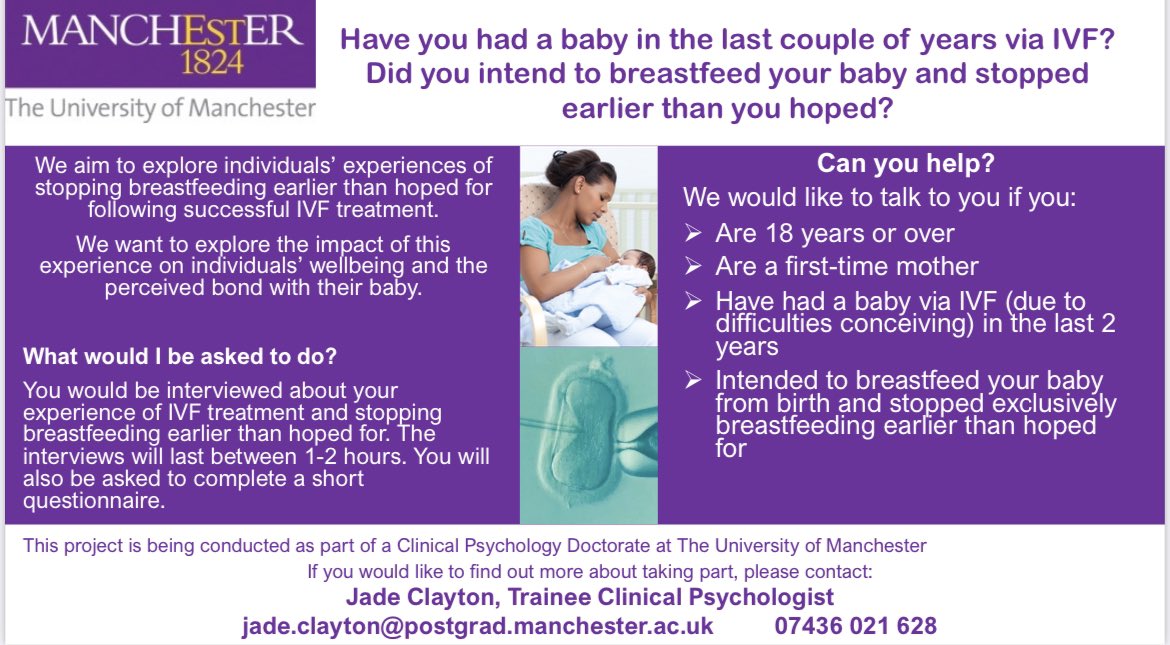 Jade Clayton (@jadeclayton91) on Twitter photo If you have had a baby via IVF within the last couple of years, are a first time mum and stopped breastfeeding earlier than you hoped then we would like to hear from you.
Please email Jade Clayton at
jade.clayton@postgrad.manchester.ac.uk
#ivfparent #ivfmum #ivfjourney If you have had a baby via IVF within the last couple of years, are a first time mum and stopped breastfeeding earlier than you hoped then we would like to hear from you.
Please email Jade Clayton at
jade.clayton@postgrad.manchester.ac.uk
#ivfparent #ivfmum #ivfjourney