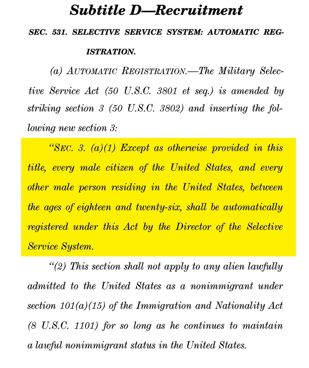 Wow! For the first time since 1972, the NDAA bill passed today by the House would automatically register all males age 18-26 for Selective Service in the Military. For the past 52 years, males were required to register on their own, but compliance had reportedly been lagging
