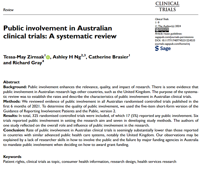 Colin Begg (@colinbbegg) on Twitter photo Is the public an active partner in clinical trials conducted in Australia. Not very often, say Tessa-May Zirnsak and colleagues. <a href="/TZirnsak/">Tessa Zirnsak</a> <a href="/DrRichardGray/">Richard Gray</a> <a href="/HangryPancreas/">Dr Ashley Ng</a> <a href="/DrBrasier/">Dr Catherine Brasier</a> <a href="/SCTorg/">SCTorg</a> #clinicaltrials Is the public an active partner in clinical trials conducted in Australia. Not very often, say Tessa-May Zirnsak and colleagues. <a href="/TZirnsak/">Tessa Zirnsak</a> <a href="/DrRichardGray/">Richard Gray</a> <a href="/HangryPancreas/">Dr Ashley Ng</a> <a href="/DrBrasier/">Dr Catherine Brasier</a> <a href="/SCTorg/">SCTorg</a> #clinicaltrials