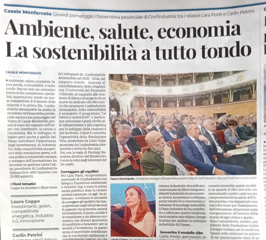 L'uomo al centro dell'assemblea di Confindustria Alessandria. Focus su ambiente, salute, economia nelle analisi di Lara Ponti, Carlo Petrini e Nino Cartabellotta #economia #ambiente #salute #sostenibilità #alimentazione #industria #esg #confindustria