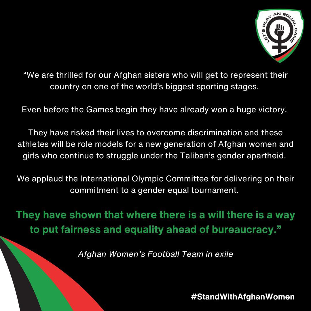We are thrilled that there will be Afghan women representing Afghanistan in a global sporting stage.

It shows that there is a way forwards, and that there is a way to put fairness and equality ahead of bureaucracy. We deserve this too

Thank you <a href="/iocmedia/">IOC MEDIA</a> 

#StandWithAfghanWomen