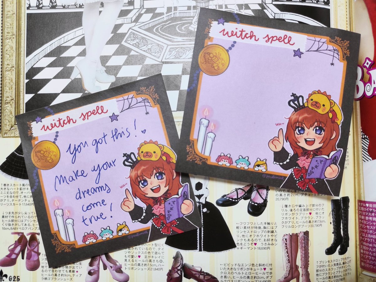 paulimiel's tweet image. showing off the umineko sticky notepads!!! write your best spells here and maria will make sure the magic works ❤️✨ they will be available super soon!! #umineko #うらねこ