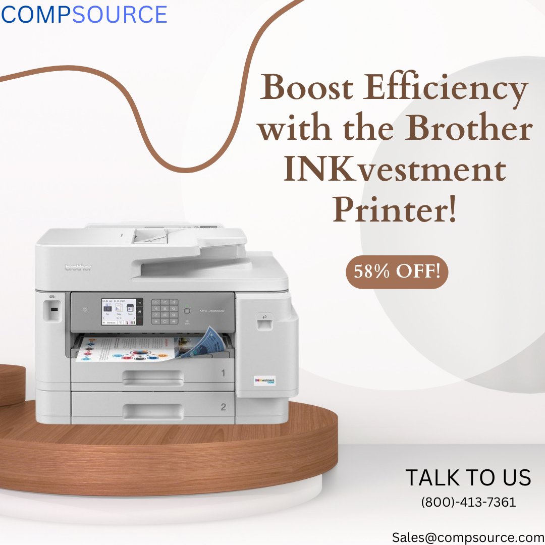 CompSource's tweet image. Upgrade your office with the Brother INKvestment Tank from CompSource! This wireless all-in-one printer offers high-speed printing at 30 ppm and stunning 1200 x 4800 dpi resolution! @brotherindia @brotherireland #CompSource #BrotherPrinter 

Link: compsource.com/buy/MFCJ5955DW…
