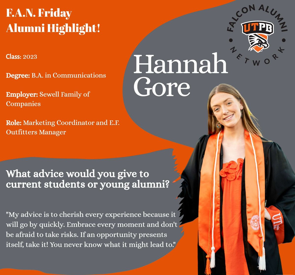 Join us in celebrating our amazing alumna, Hannah Gore! She is currently the Marketing Coordinator and E.F. Outfitters Manager for the Sewell Family of Companies!

Read about her inspiring journey and advice for current students and young alumni

The link is in our bio!