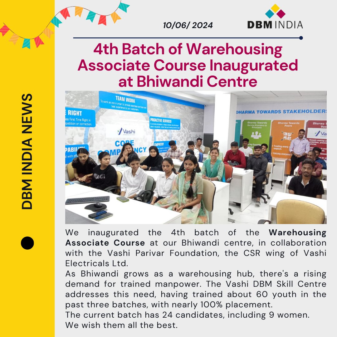 4th Batch of Warehousing Associate Course Inaugurated at Bhiwandi Centre

#dbmindia #dbmteam #batchinauguration #warehousingassociatecourse #bhiwandi #vashiparovaarfoundation #collboration #placements