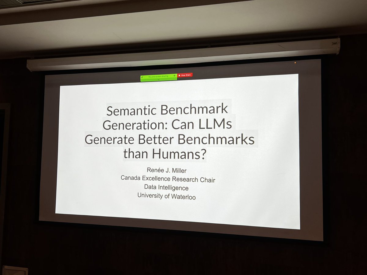 hildaworkshop's tweet image. Our second keynote at HILDA 2024 just started. Renné Miller giving a talk titled “Semantic Benchmark Generation: Can LLMs Generate Better Benchmarks than Humans?”