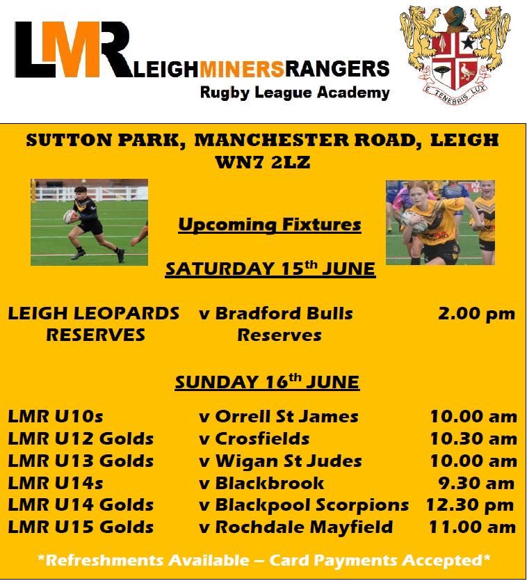 Leigh Miners Rangers RL Academy (@lmrjuniors) on Twitter photo ๐๐ค๐Lots of RL action at Manchester Rd this weekend - including <a href="/LeighLeopardsRL/">Leigh Leopards</a> v <a href="/BradfordBullsRL/">Bradford Bulls</a> reserves on Saturday and NWC 13-15 Cup games on Sunday๐๐ค๐ ๐๐ค๐Lots of RL action at Manchester Rd this weekend - including <a href="/LeighLeopardsRL/">Leigh Leopards</a> v <a href="/BradfordBullsRL/">Bradford Bulls</a> reserves on Saturday and NWC 13-15 Cup games on Sunday๐๐ค๐