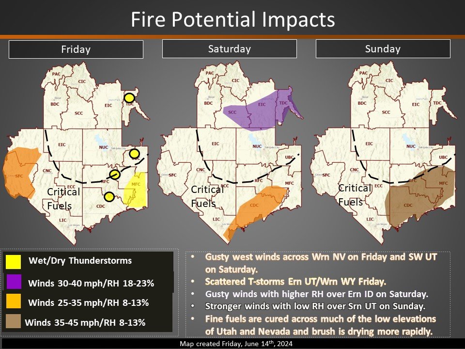 GreatBasinCC's tweet image. Fire Potential Impact Map for Thursday-Saturday 6/14/24-6/16/24  #gbcc #greatbasincoordinationcenter
@GreatBasinCC