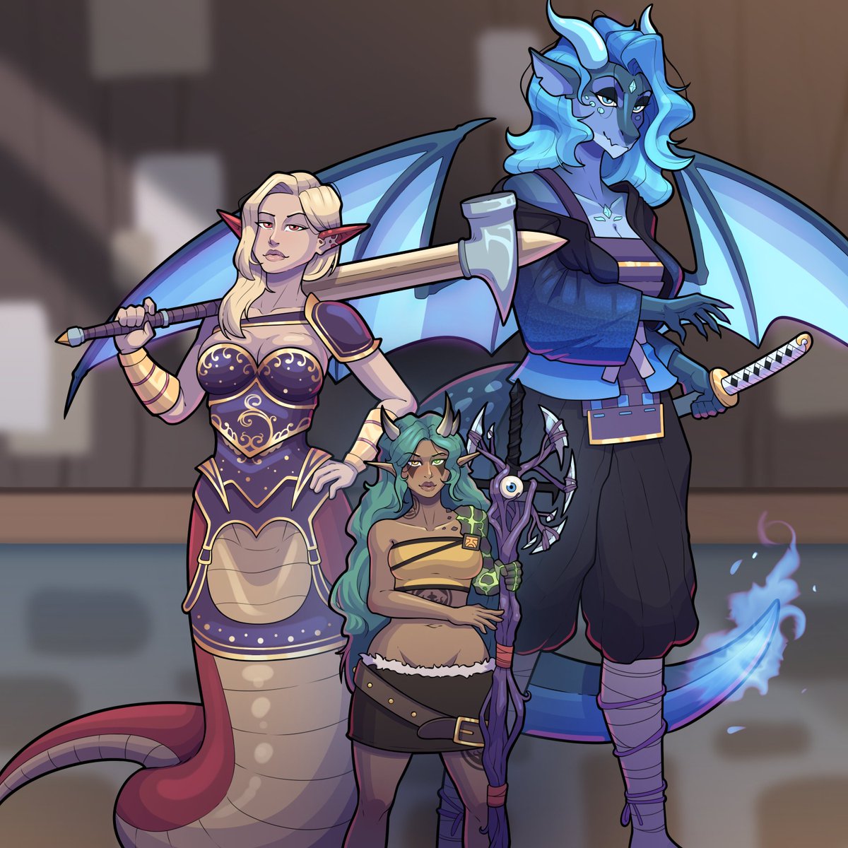 RunusB's tweet photo. We got another pic done by the amazing @kormmo_rpg Our DnD event will be going through all of June so if you would like art of your muse or favorite character be sure to DM me. 
Shout to @Valor0368 @TheEsoSiblings and TheMineKnight for offering up their muses for this one. https://t.co/SNglaj9TwR