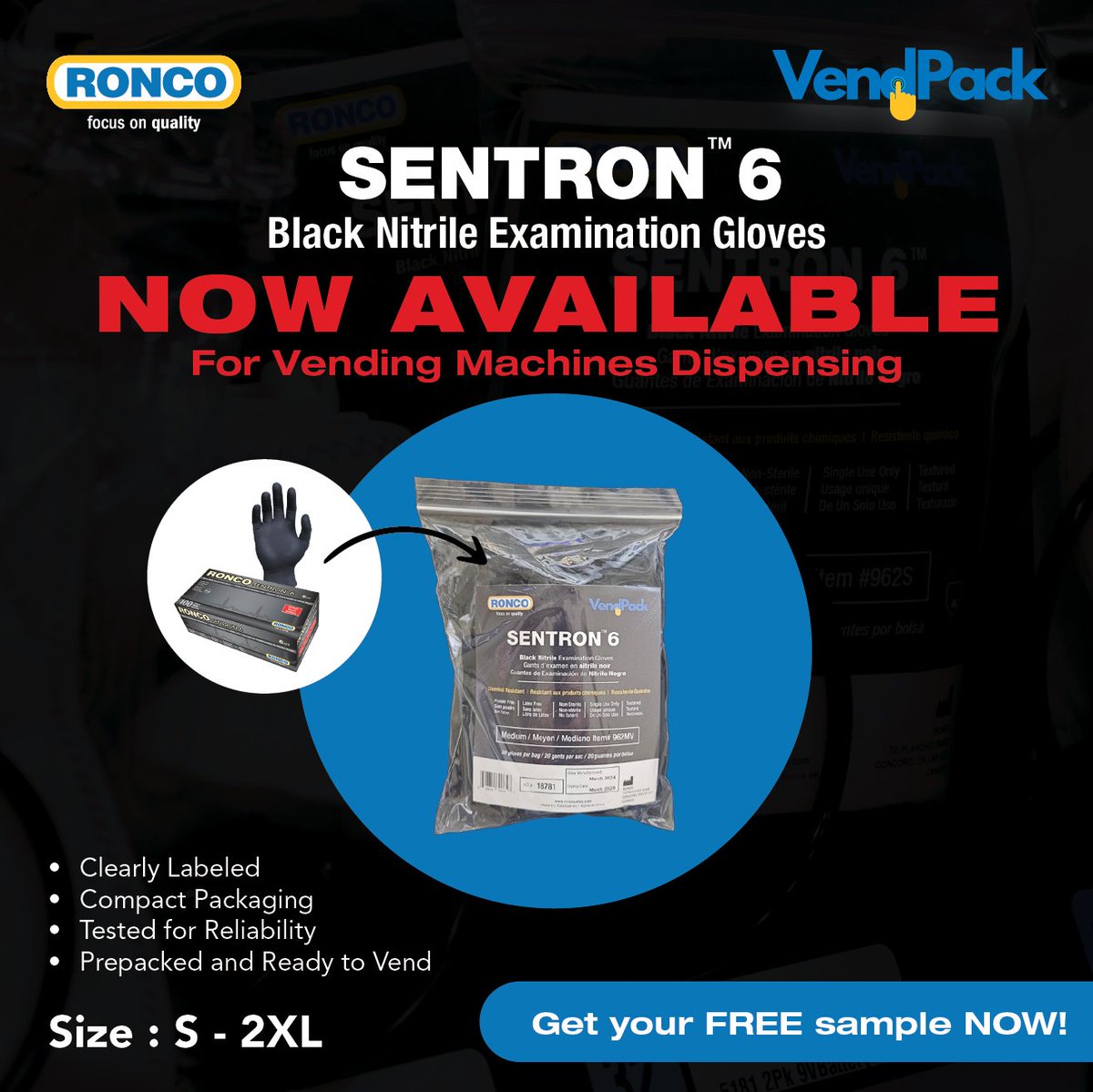 RoncoSafety's tweet photo. Introducing SENTRON™ 6 VendPack Gloves!

Get the toughest disposable gloves conveniently from vending machines!

Preferred by professionals and now available in VendPack for easy access anywhere, anytime!

ORDER YOUR FREE SAMPLE NOW: https://t.co/eNqsSLQVB0 https://t.co/E2lh9nJi2Y