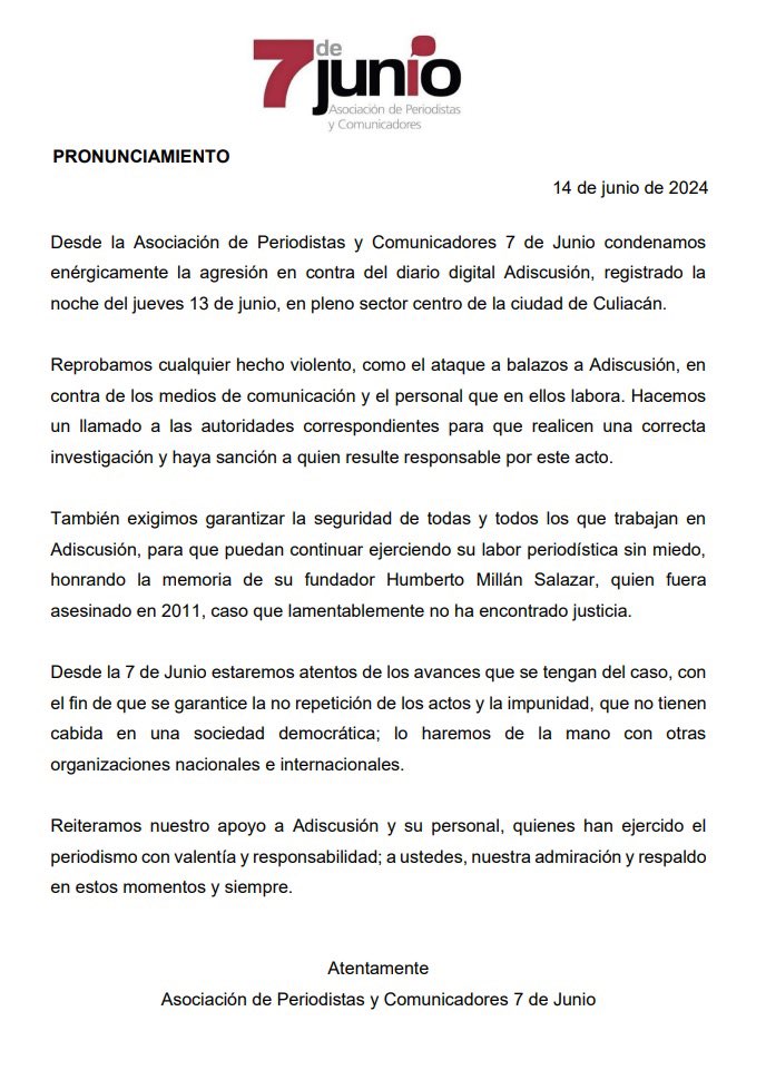 Reiteramos nuestro apoyo al diario <a href="/adiscusion/">Adiscusión Diario</a> y su personal, quienes han ejercido el periodismo con valentía y responsabilidad; a ustedes, nuestra admiración y respaldo en estos momentos y siempre.