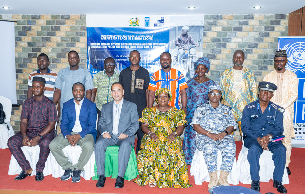UNDPSierraLeone's tweet photo. Our Deputy Rep, @SayedSahibzada, kicked off a historic national dialogue b/n the Bike Riders Union &amp; State Authorities under the Empowering Youth Bike Riders as Agents of Peace Project  funded by @UNPeacebuilding. Reducing confrontations, building trust, for a safer 🇸🇱. https://t.co/JTJLbKUTsM
