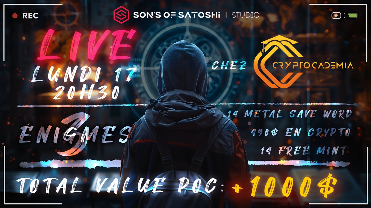 Cryptocademia_'s tweet image. 📆 Ce lundi 17 juin de 20h30 à 21h - Juste avant l"AT de @CryptNaAb -

Nous recevrons @SonsOfSatoshi, qui nous présenteront "The Last Satoshi", leur Proof of Concept qui va animer votre été #Web3 !

Il s'agit d'un jeu éducatif et narratif contenant des énigmes, où le choix des…