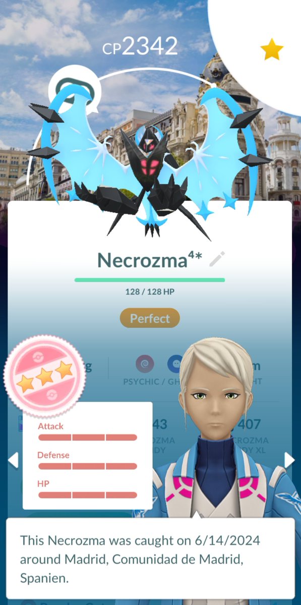 984 Pokémon caught
21 Shinys ✨
3 Hundos in total 💯
and of course the main actor of today's citywide gameplay
Thanks and see you tomorrow at the park 🫡

#PokemonGOApp #gofestmadrid #necrozma
