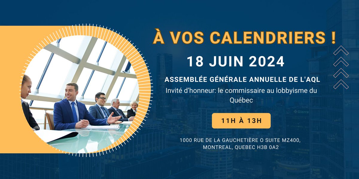 Mardi le 18 juin aura lieu l'assemblée générale annuelle réservée aux membres. Toutefois, elle sera suivie d'une conférence du commissaire au lobbyisme, Me Routhier, ouverte à tous. 
Inscription : …uebecoise-des-lobbyistes.s1.yapla.com/fr/event-54513 
Aucune inscription ne sera admise le jour même.