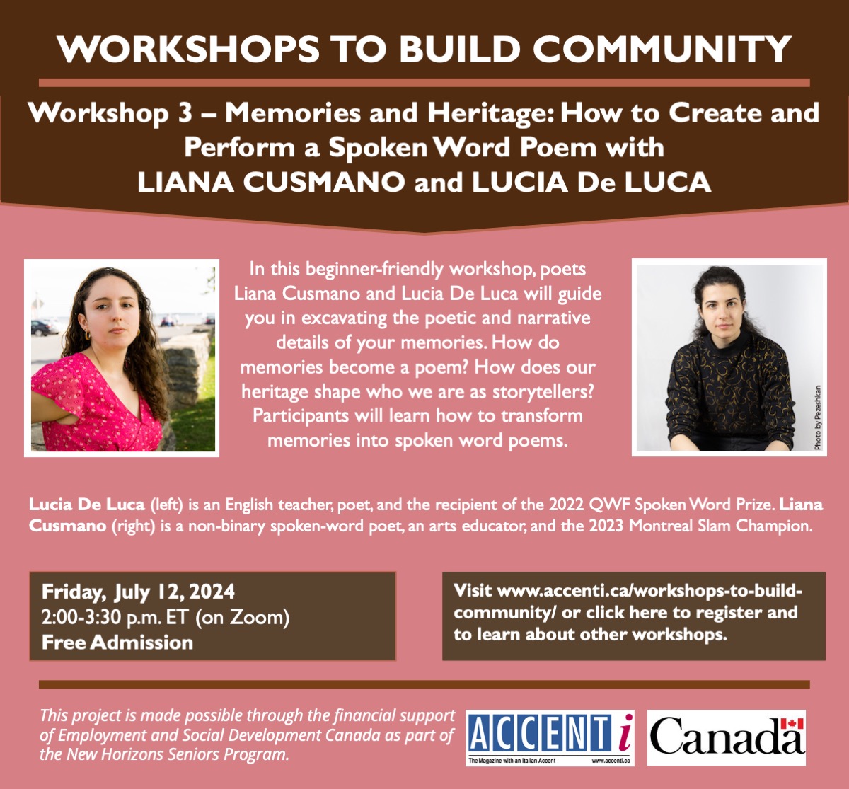 Accenti Magazine (@accentimagazine) on Twitter photo Join us on Friday, July 12 at 2 p.m. ET for Workshop 3 with Lucia De Luca & Liana Cusmano
"Memories and Heritage: How to Create and Perform a Spoken Word Poem"
Register: accenti.ca/workshops-to-b… <a href="/L_CantonCusmano/">Liana Canton Cusmano</a> <a href="/OfficialQWF/">Quebec Writers' Federation</a> <a href="/ELANQuebec/">ELAN</a> @chair_elia <a href="/AICWCanada/">AICW</a> Join us on Friday, July 12 at 2 p.m. ET for Workshop 3 with Lucia De Luca & Liana Cusmano
"Memories and Heritage: How to Create and Perform a Spoken Word Poem"
Register: accenti.ca/workshops-to-b… <a href="/L_CantonCusmano/">Liana Canton Cusmano</a> <a href="/OfficialQWF/">Quebec Writers' Federation</a> <a href="/ELANQuebec/">ELAN</a> @chair_elia <a href="/AICWCanada/">AICW</a>