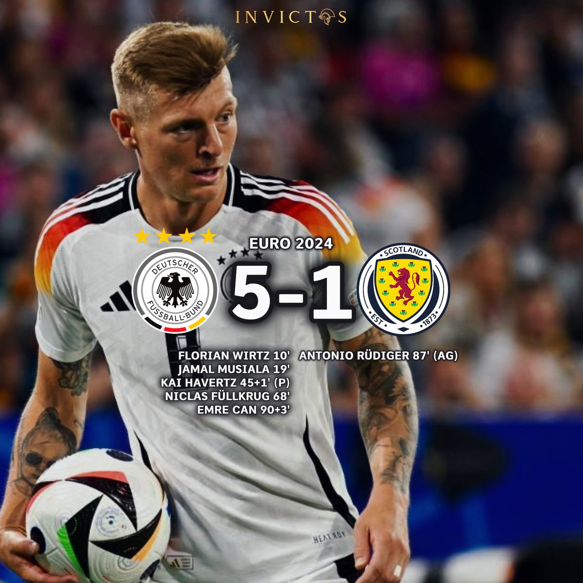 InvictosSomos's tweet photo. ¡¡PASEO Y MANITA ALEMANA EN EL INICIO DE LA EURO 2024!!

RESULTADO. Alemania 5-1 Escocia. 

Con goles de Wirtz, Musiala, Havertz, Füllkrug y Can, la Selección Alemana le pasó por encima a Escocia en el partido inaugural de la #EURO2024. Los escocés intentaron competir a su manera, pero su plan defensivo se vio arruinado con los golazos tempraneros del cuadro de Julian Nagelsmann. 

Lo de Toni Kroos manejando los tiempos, controlando el ritmo y dirigiendo jugadas fue POÉTICO. Ilkay Gundogan no marcó y no asistió, pero fue fundamental con sus controles, pases y movimientos sin balón. Y Musiala fue una auténtica pesadilla con sus regates, cambios de ritmo y conducciones. 

Ya con el duelo sentenciado (Escocia jugó todo el segundo tiempo en inferioridad numérica por la merecida roja a Porteous), no fue necesario emplearse a fondo para abrir LA MANITA. Muy buenos goles de Füllkrug y Can, por cierto. 

ALEMANIA TIENE MOTIVOS PARA ILUSIONARSE.