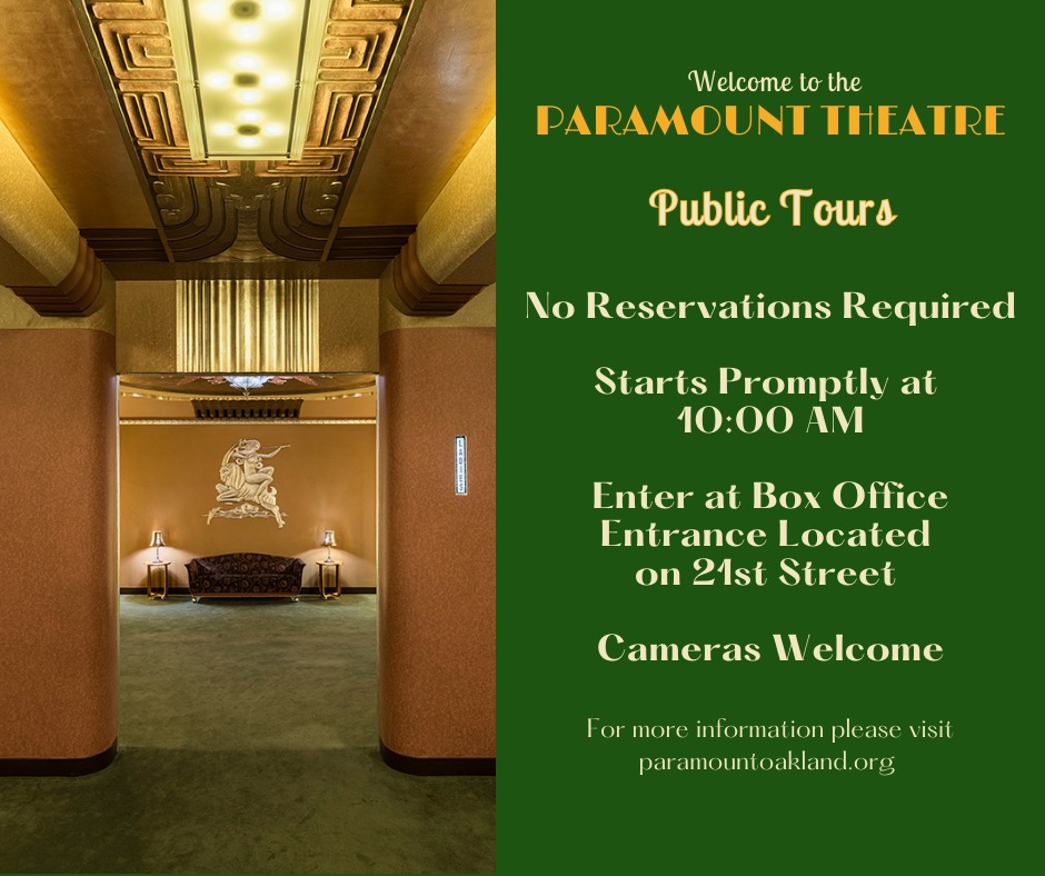 AC Transit (@rideact) on Twitter photo Explore the historic Paramount Theatre with a guided tour on Saturday, June 15, 22, or 29.
Skip the parking hassle and ride with us—many of our lines will take you there.
Tour information: paramountoakland.org/about/tours
Ride 🚌 : tp.actransit.org
<a href="/OakParamount/">Oakland Paramount</a> Explore the historic Paramount Theatre with a guided tour on Saturday, June 15, 22, or 29.
Skip the parking hassle and ride with us—many of our lines will take you there.
Tour information: paramountoakland.org/about/tours
Ride 🚌 : tp.actransit.org
<a href="/OakParamount/">Oakland Paramount</a>