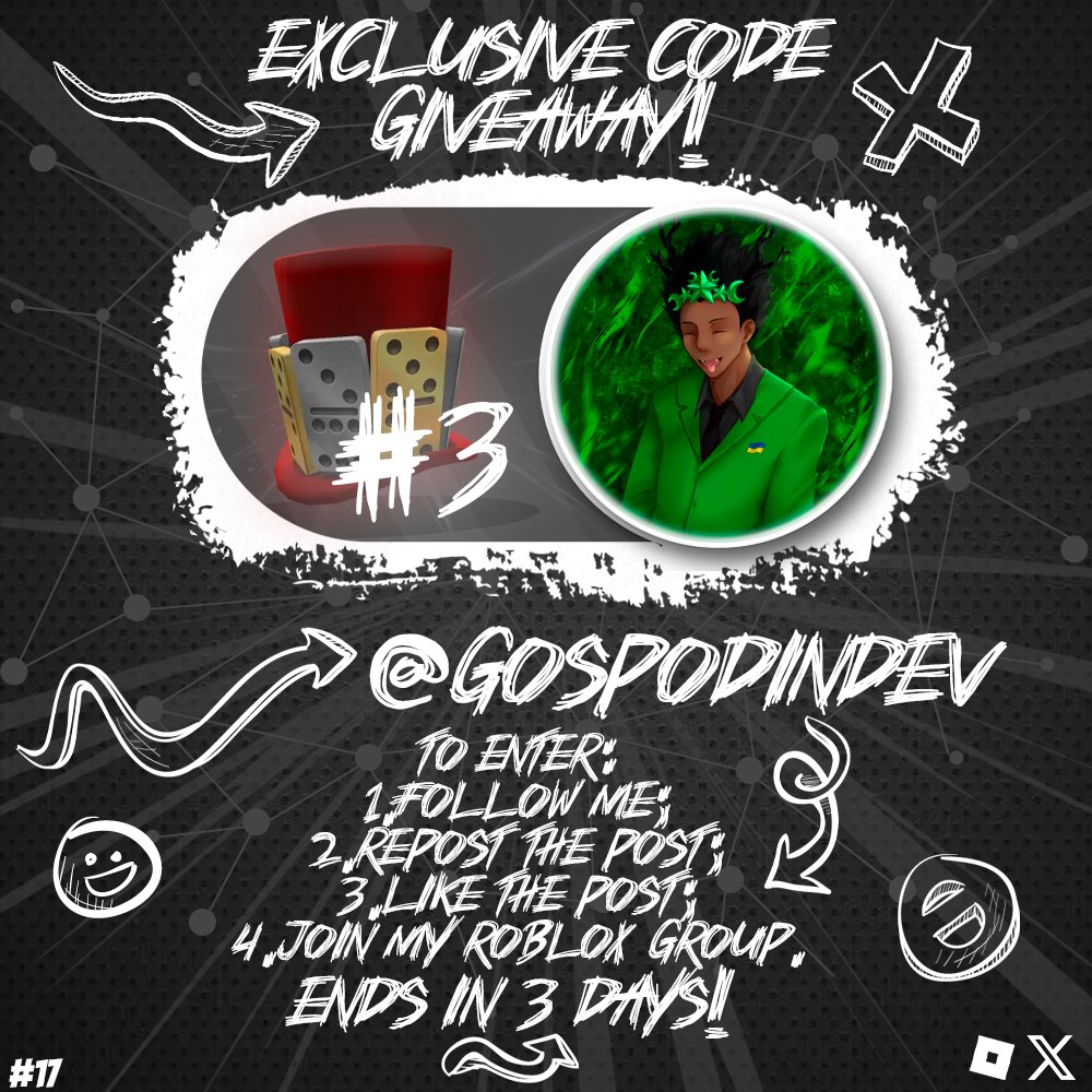 gospodindev's tweet photo. 👋Hello guys!😎Thanks for 4K followers!
✨One more giveaway for you!🎉So 3 of you will get Extra Domino Top Hat!🤫(UGC Limited giveaway will come soon).
To participate, u must:

➤Follow/Repost/Join my Roblox group.

🍀Good luck everyone!
⏱️Ends in 3 days!
❗Write your usernames below :3
#robloxgiveaway #robloxgiveaways #robloxtoycode