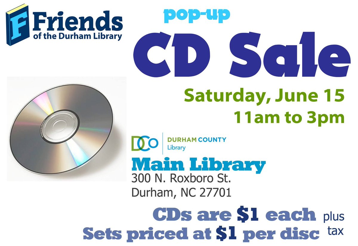 FODLNC's tweet photo. Stop by our Pop-Up CD sale tomorrow from 11 am to 3 pm at Main Library, 300 N. Roxboro St. We'll have thousands of CDs, featuring numerous genres. Most are single CDs or 2-CD sets, but we also have many outstanding boxed sets. The CDs are in excellent shape (we checked). https://t.co/hB58vieWe1