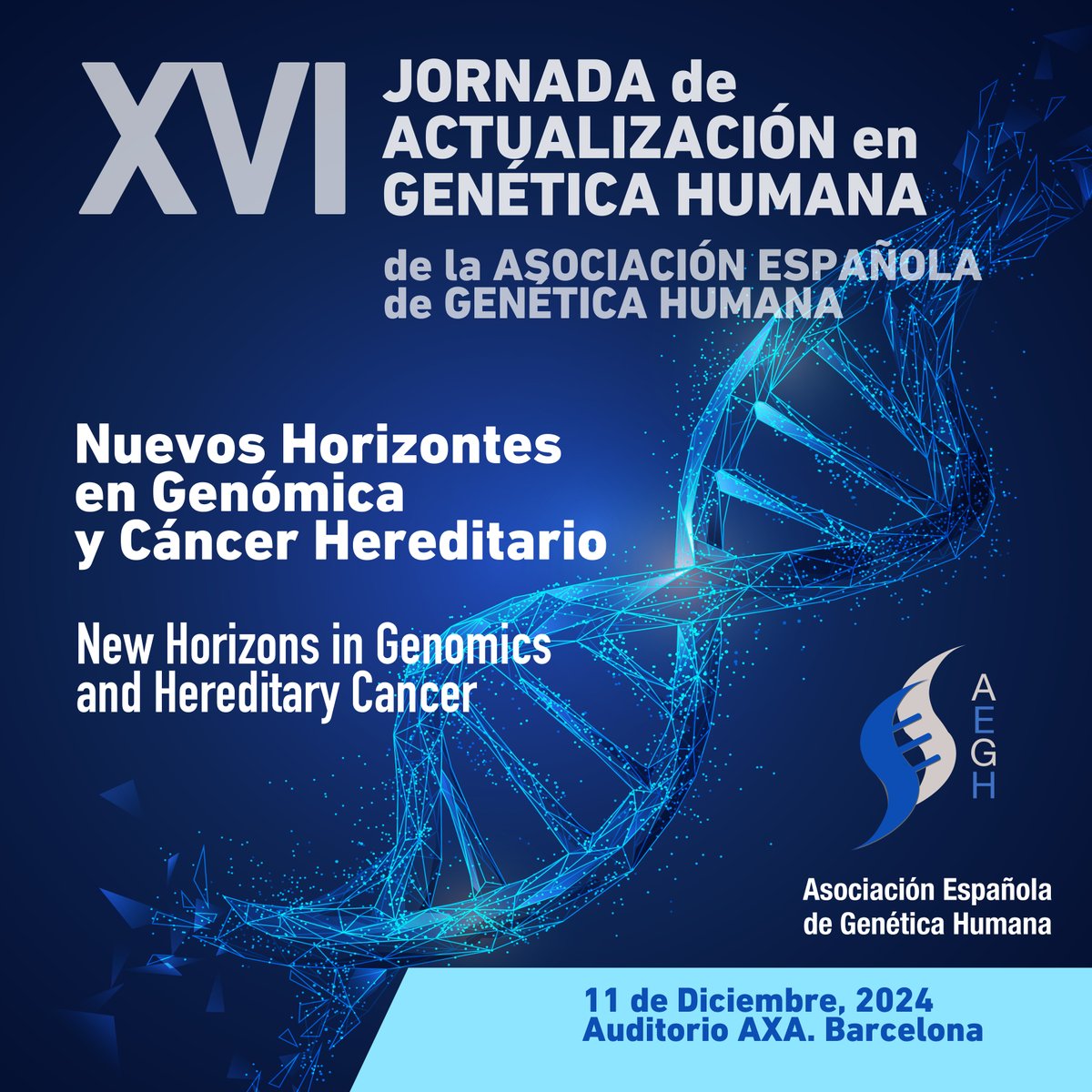 XVI JORNADA DE ACTUALIZACIÓN EN GENÉTICA HUMANA: Nuevos horizontes en genómica y cáncer hereditario

📅 11 de diciembre
📍Auditorio AXA

Ven con nosotros a descubrir las últimas novedades en el campo de la genética

👇Consulta el programa e inscríbete
geyseco.es/genetica24/ind…