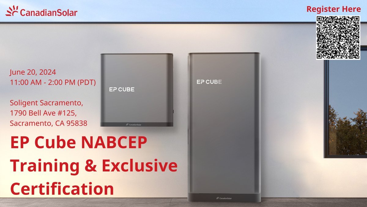 Canadian_Solar's tweet image. 🔋 EP Cube NABCEP Training &amp;amp; Exclusive Certification 🌟

📅 June 20 
🕚 11:00 AM - 2:00 PM 
📍 Soligent Sacramento, 1790 Bell Ave #125, Sacramento, CA 95838 

✍️ Reserve Your Spot Now. 
ow.ly/wg3750Sj8Oj

#CanadianSolarNA #EPCube #NABCEP #EnergyStorage