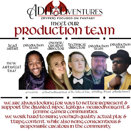 ADHaDventures's tweet photo. Time for a new pinned post! 😁

Below, you can find our current streaming schedule, about page, &amp; our Production Team/Mission.

Come join us for lots of heartfelt fun &amp; chaos sometime! 🙌🥰
#dungeonsanddragons #ttrpgcommunity #ttrpg #actualplay #streamer https://t.co/riufBKtsoJ