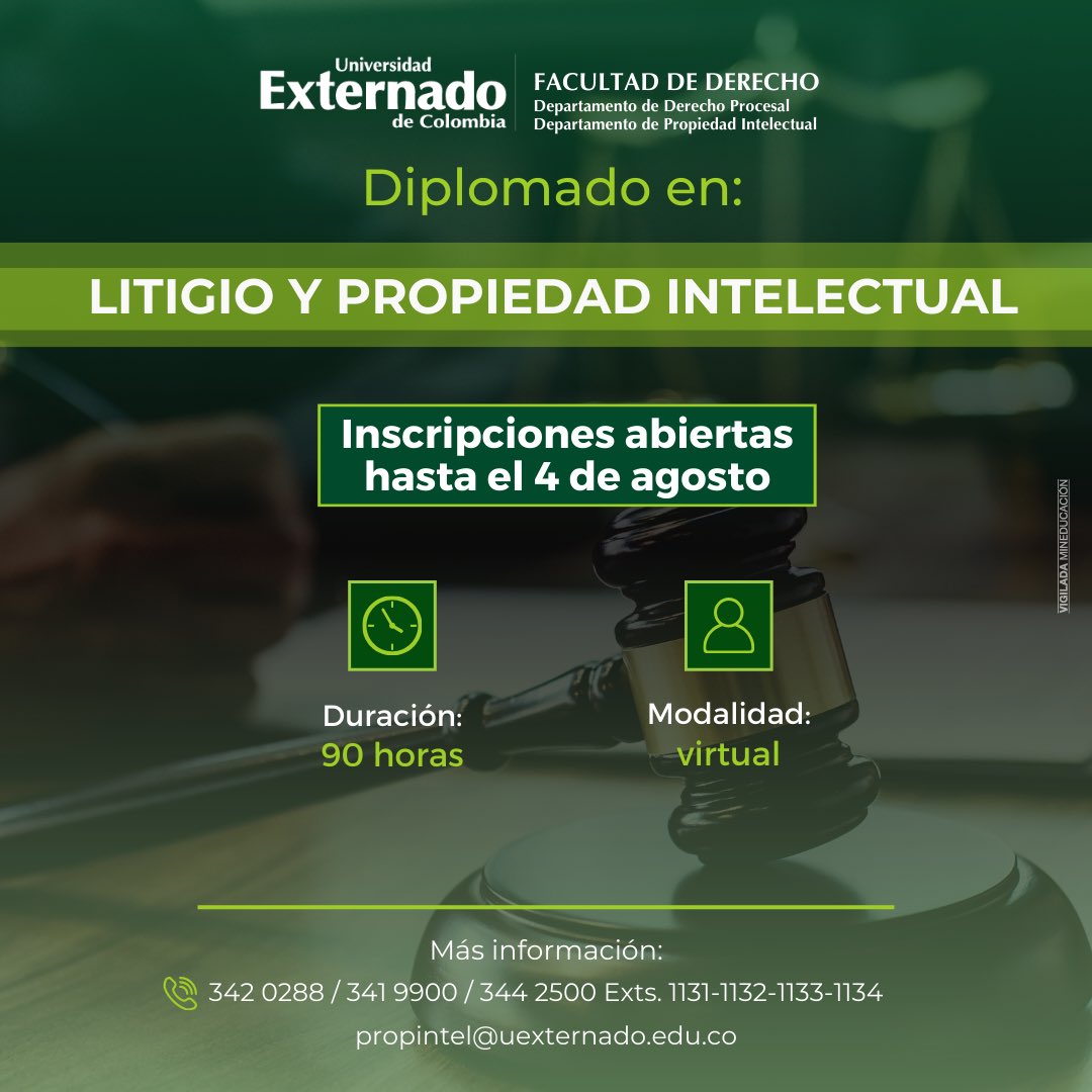 Diplomado en Litigio y Propiedad Intelectual📚🔍

INSCRIPCIONES ABIERTAS ⚠️

 ¡Formación virtual con expertos! 💡👩‍⚖️ 

Más detalles aquí: uexternado.edu.co/programa/depar… 📚🌐