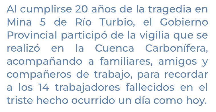 ￼
 ⛏️| El Gobierno recordó la tragedia en Mina 5: “Es un momento de mucha tristeza y luto para todos los santacruceños”.

Nota 🔗 bit.ly/3z0m5IV