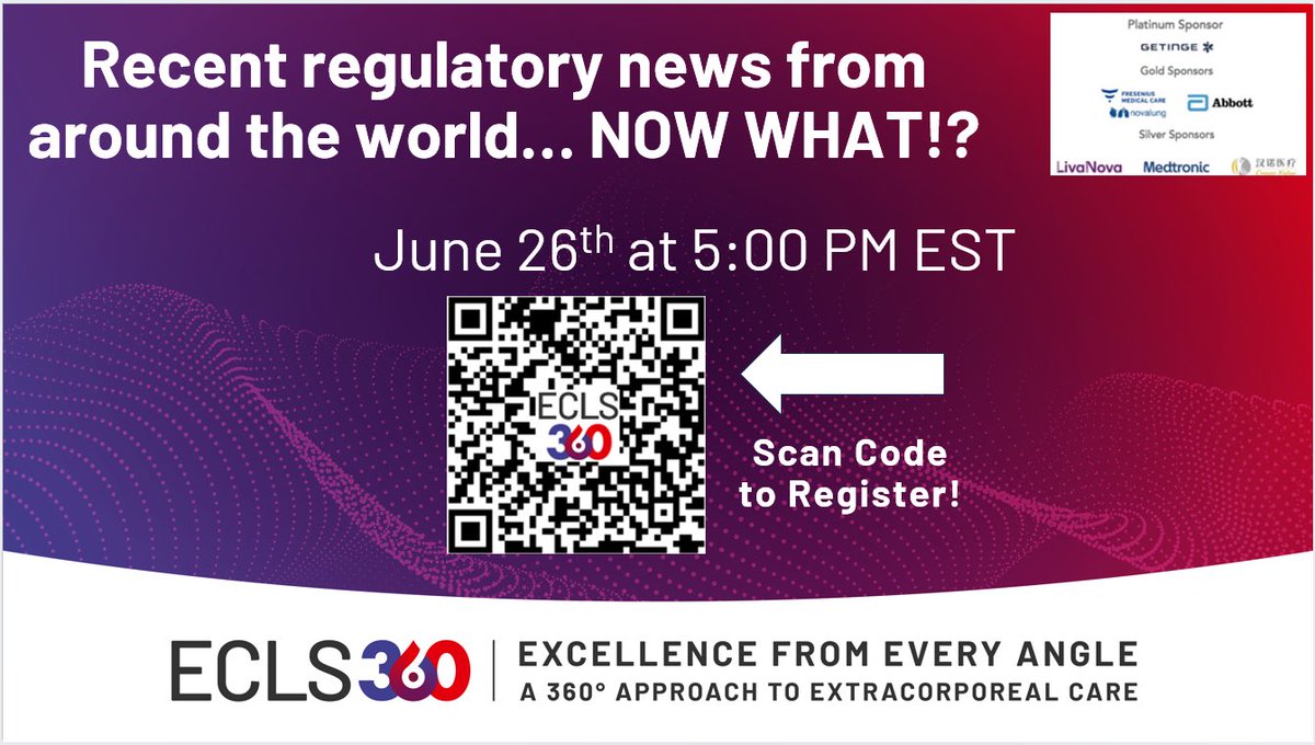 Interactive webinar w/ #ECMO experts <a href="/HeidiDalton26/">Heidi J Dalton MD</a>, Dr. Greg Schears, and Comprehensive Care Services. 
June 26th @ 5pm ET

“Recent Regulatory News Around the World. Now What?” 

Description and registration: register.gotowebinar.com/register/66921…

#ECLS #pedsicu #icu #neotwitter