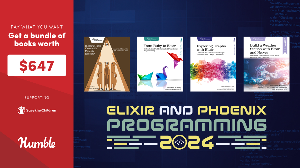 humble's tweet image. Learn the dynamic, functional, and concurrent programming language  Elixir with this comprehensive library from the experts at Pragmatic  Programmers!

Supports @save_children | bit.ly/4c0weUL