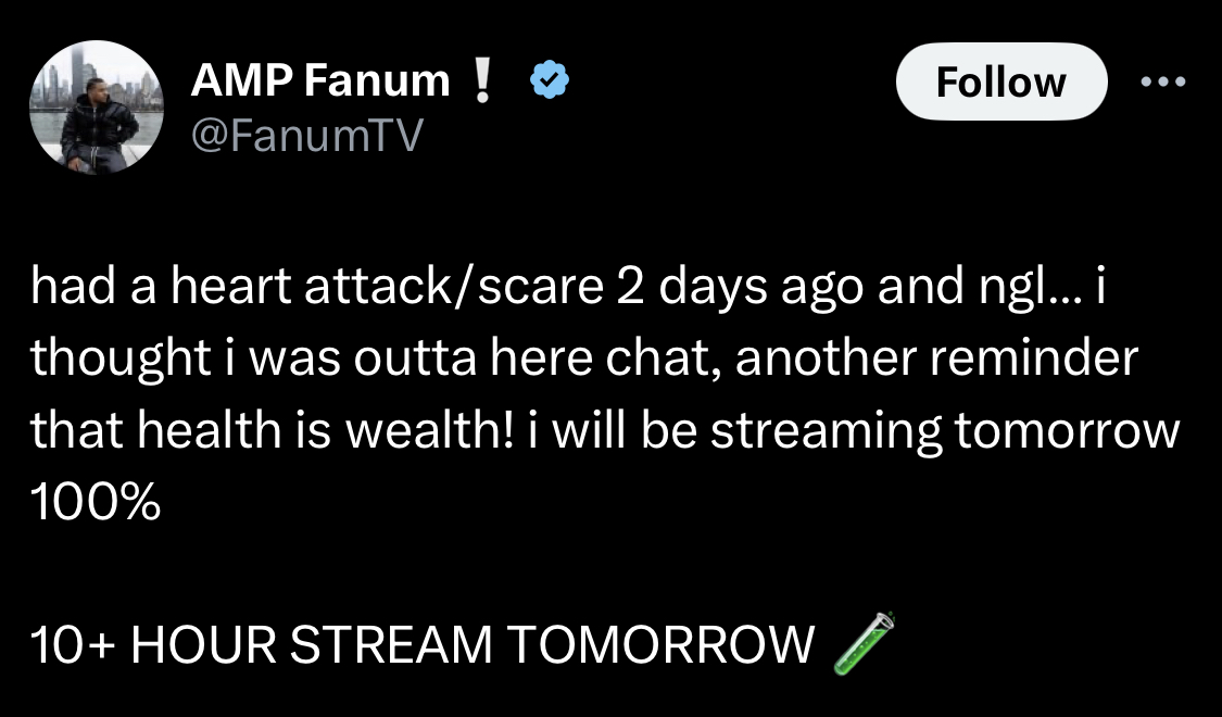 DramaAlert's tweet photo. Streamer Fanum says he had a heart attack 2 days ago.. 😳🙏 https://t.co/wbNLNFsR4P