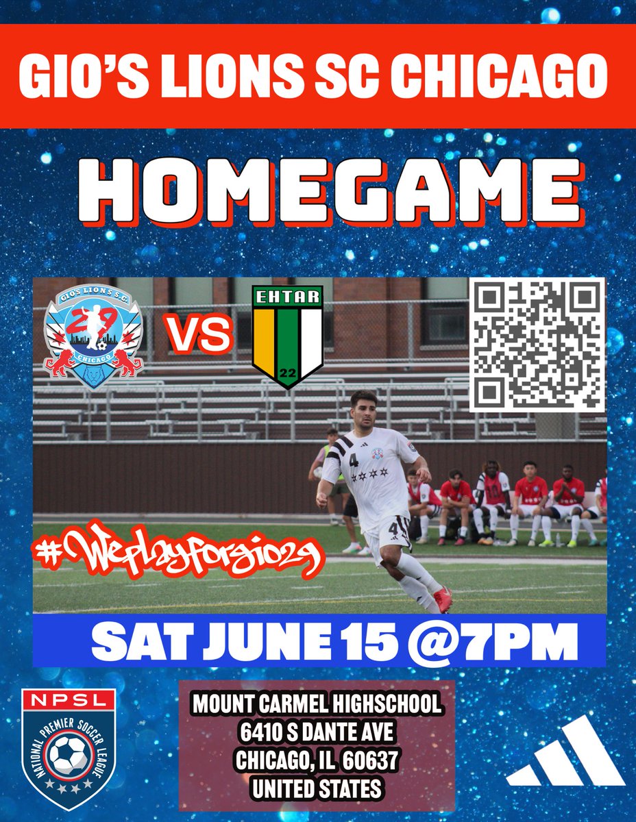 Don't forget to mark your calendars for the Gios Lion SC's last home game! Join us for an exciting match and an amazing time!

#weplayforgio29 #NPSL #communitygrowth #Eastside #npslsoccer #soccer #chicago