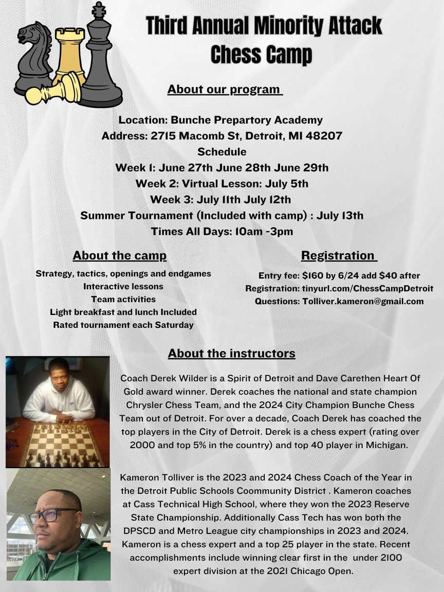 derekewilder's tweet photo. Me an coach kam is hosting our 3rd annual chess camp make sure you come register so we can improve your students /chess skill level #detroitchess #greatcoaching #letsbegreat https://t.co/9hTjqtTVQY