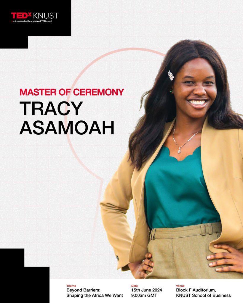 tedxknust24's tweet photo. 🎤 Excited to introduce one of the two MCs for TEDxKNUST 2024, Tracy Asamoah! 🌟 Get ready for an inspiring and dynamic event tomorrow, June 15th at KSB Block F, KNUST Campus. 

Secure your tickets today: https://t.co/DVKH248Y8m

#TEDxKNUST #BeyondBarriers #TEDxKNUST2024 https://t.co/QnHfBzjlhV