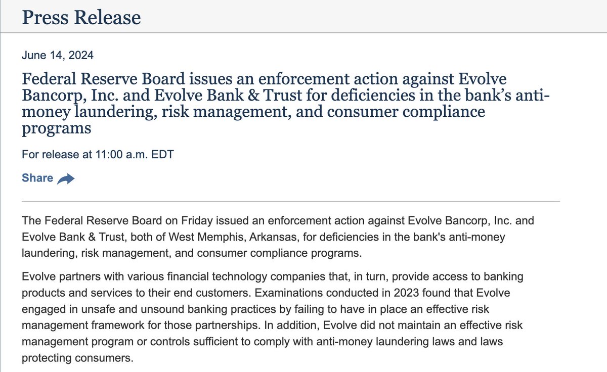 oopsie woopsie someone made a fuckie wuckie

Evolve is probably the biggest crypto-company friendly bank right now. Mercury and many other tech platforms all use Evolve. 

It will go under the end of the summer I bet.