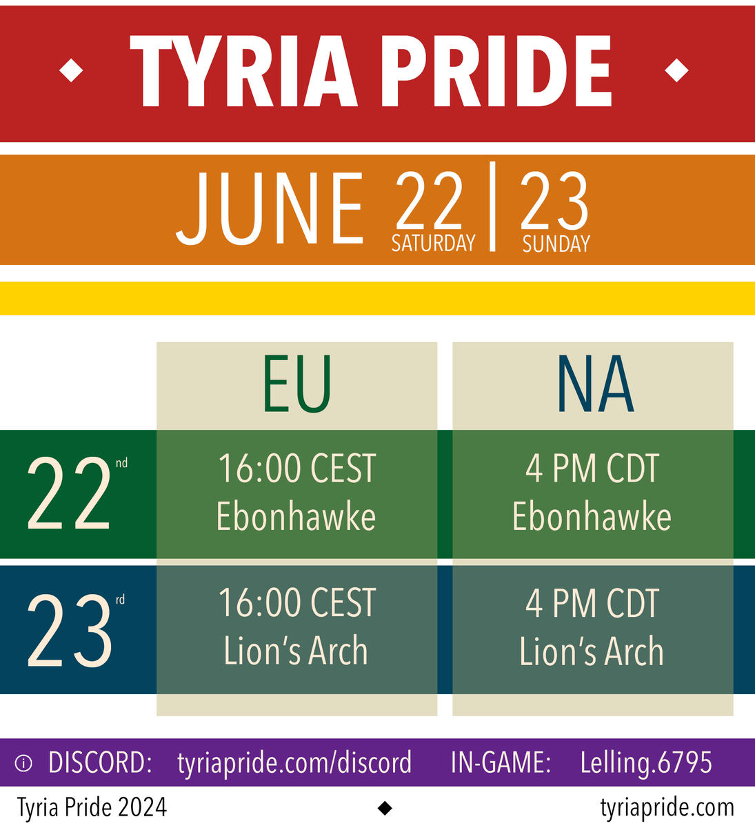 itsLelling's tweet photo. #TyriaPride2024 is happening on June 22 and 23!

A two-day in-game pride march through #GuildWars2 and fundraiser for Rainbow Railroad, an awesome organisation that saves LGBTQ+ lives around the world!

Links below! 🧵

@GuildWars2 #TyriaPride https://t.co/GyAO5ndkM2