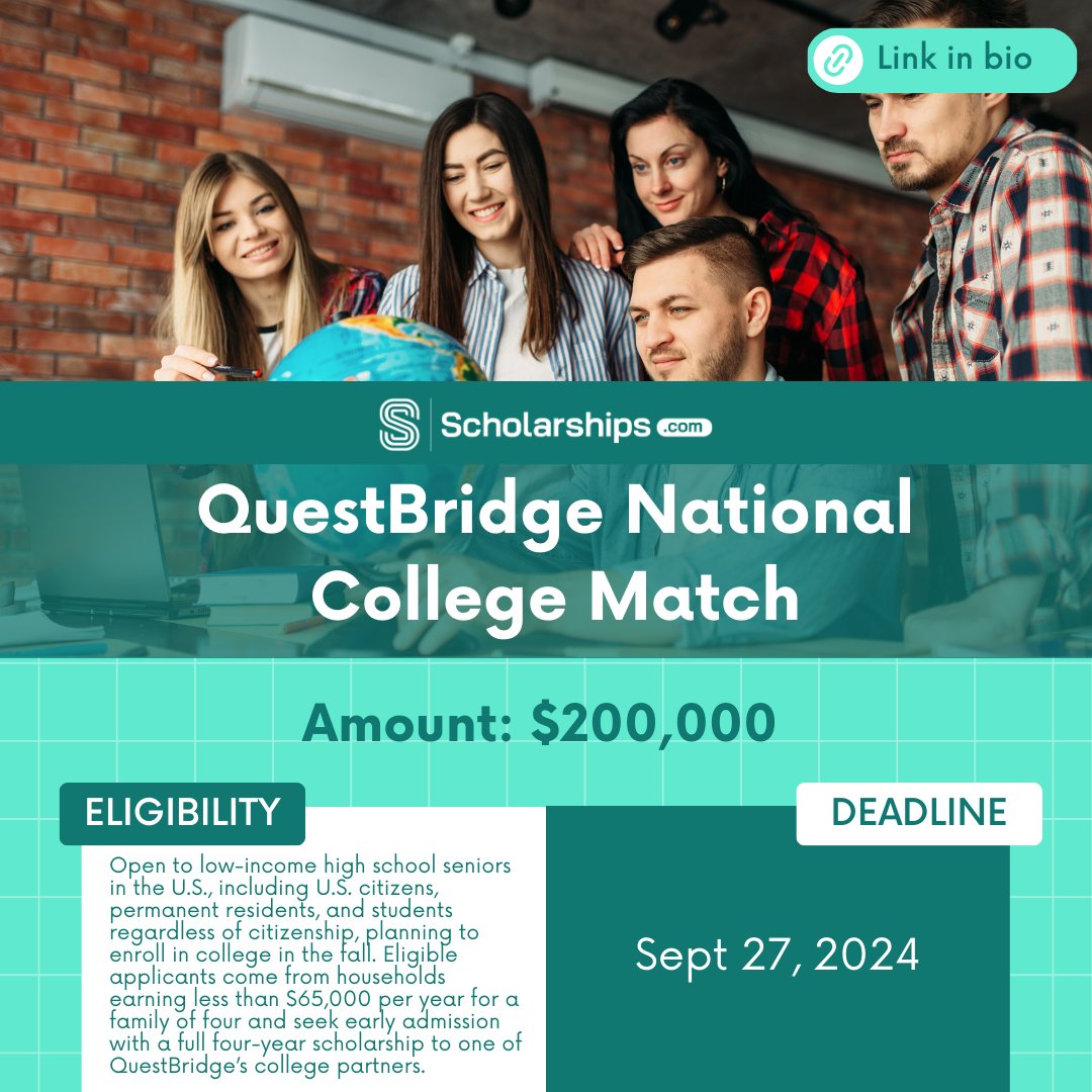 ✨ Attention high school seniors! 🌟 The QuestBridge College Match Scholarship is your gateway to a top-tier education with full four-year scholarships to leading colleges. Apply now and match with your dream school! 🚀 #QuestBridgeCollegeMatch #FullRideScholarship #CollegeBound
