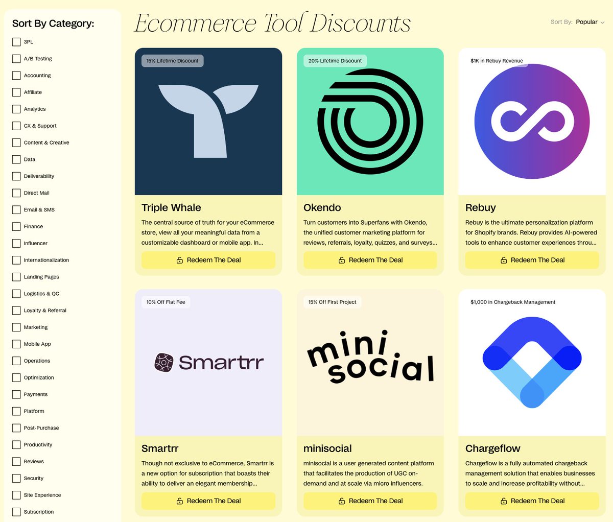 A model we are thinking about rolling out is joining all of the SaaS tool's affiliate programs and passing the revenue shares off to the brands as discounts.

On average we could likely help all of our brands get 10-30% off of tools.

No one in D2C does this now because they want