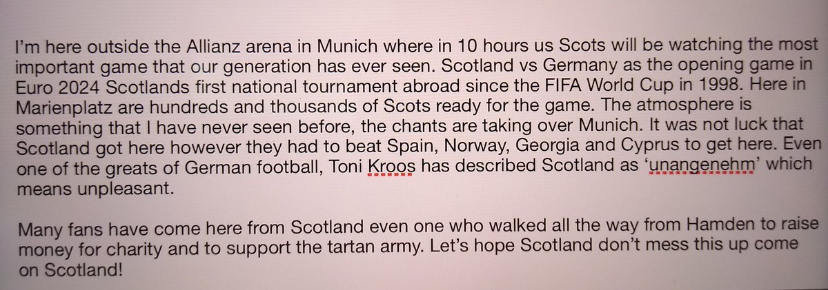 BonalyPrimaryP7's tweet photo. Some of the P7A children enjoyed linking their work to the Euros today. They imagined scoring the winning goal for Scotland; acting out their own goal celebrations. They then wrote about the arrival of the Scotland fans in Munich.  This was one of the many good pieces. #euro2024 https://t.co/1056OvA7lT