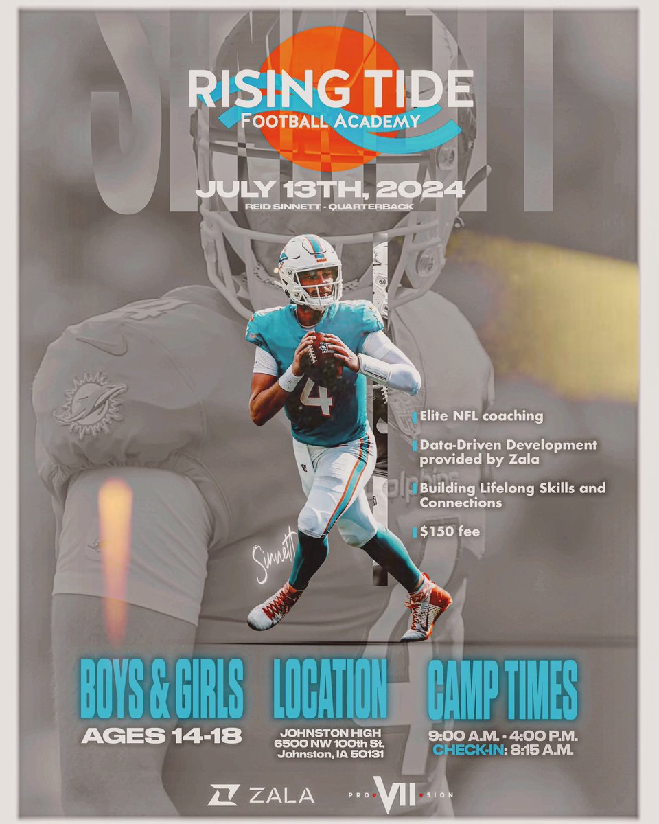 ReidSinnett's tweet photo. Excited to host my first Rising Tide football camp in my hometown Johnston, IA! Saturday July 13th and open to all 8th graders and up. 

Registration is open until July 5th! 

https://t.co/0GokbAxJi1

@JohnstonDragons @dchsfootball @vhstigers @ankeny_jaguars @Ankeny_Hawks https://t.co/ptNgMdpgZC