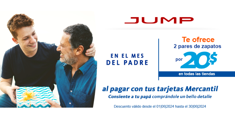 MercantilBanco's tweet photo. Sorprende a papá y compra el obsequio en el @jumpshoes que ofrece un descuento dos (2) pares de zapatos por 20$ en Mercancía Seleccionada, al pagar con tus tarjetas Mercantil, en cualquiera de las tiendas ubicadas a nivel nacional​

Válido desde el 01/06/2024 hasta 30/06/2024 https://t.co/Ozi6tiLZQh