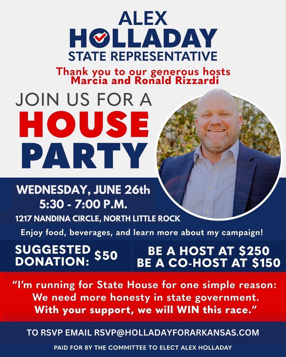 Exciting news! 🎉 

Join us on June 26 in the Indian Hills neighborhood of North Little Rock for a campaign fundraiser. 

Enjoy an evening of community, conversation and fun. I can’t wait to see y’all there!