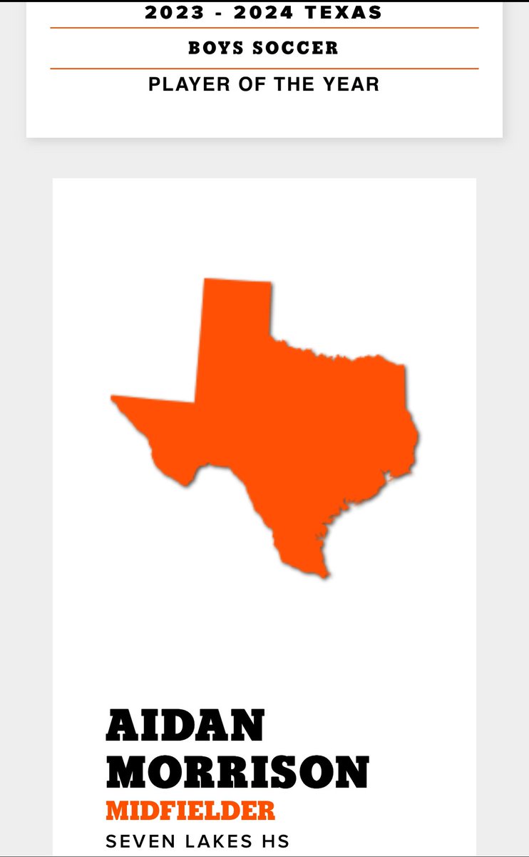 The 50/50 Podcast โฝ๏ธ๐ (@50_50pod) on Twitter photo BREAKING: <a href="/aidanmorr1son/">Aidan Morrison</a> of <a href="/SLsoccer/">Seven Lakes Men's Soccer</a> named 23-24 Gatorade TXHSSOC Player of the Year for second consecutive year.
Press Release ๐:
playeroftheyear.gatorade.com/winner/aidan-mโฆ BREAKING: <a href="/aidanmorr1son/">Aidan Morrison</a> of <a href="/SLsoccer/">Seven Lakes Men's Soccer</a> named 23-24 Gatorade TXHSSOC Player of the Year for second consecutive year.
Press Release ๐:
playeroftheyear.gatorade.com/winner/aidan-mโฆ