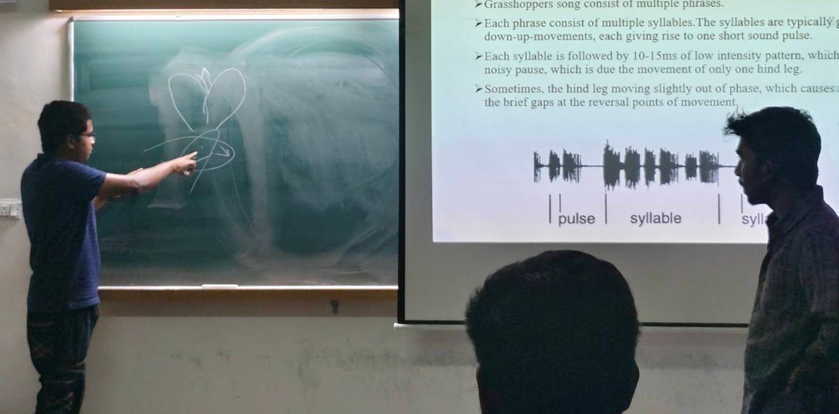 Behavioural Ecology Lab (BEL @ IISER Mohali) (@lab_behavioural) on Twitter photo Today's summer talk series lecture was led by <a href="/melwinharis/">Melwin Haris</a> He spoke about calling patterns in grasshoppers. <a href="/Babanopedia1/">Arusharka Bhattacharyya</a> pitches in the discussion.
#Insects #Bioacoustics Today's summer talk series lecture was led by <a href="/melwinharis/">Melwin Haris</a> He spoke about calling patterns in grasshoppers. <a href="/Babanopedia1/">Arusharka Bhattacharyya</a> pitches in the discussion.
#Insects #Bioacoustics